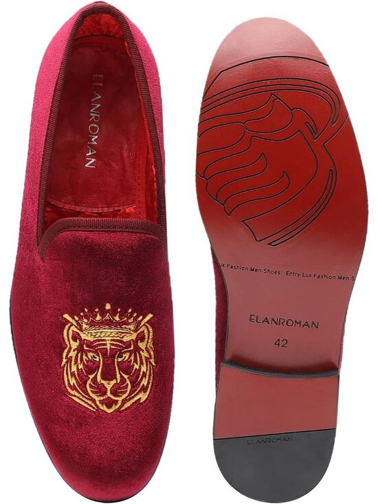 ELANROMAN Men\'s Wine Tiger Velvet Loafers Embroidery Slip on Penny Party Shoes main image 5
